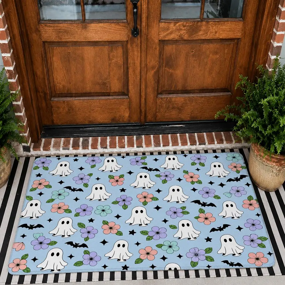 Halloween Ghost Whimsical Floor Mat Flannel Rug Non Slip Absorbent Soft Washable For Entryway Hallway Bathroom Kitchen Decor