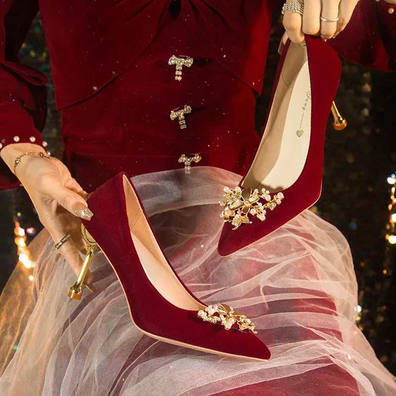 

Luxury Women's Wedding Shoes Exquisite Metal Decoration High Heels for Woman French Casual Shoes Designer Shoes Zapatos De Mujer