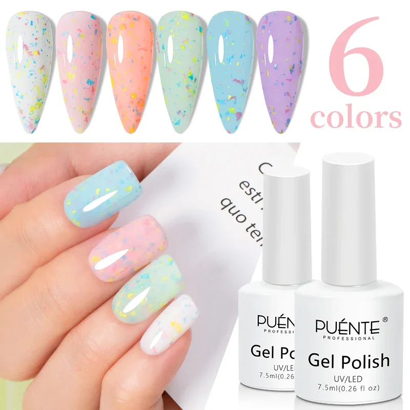 PUENTE Colorful Sugar Rubber Base Gel Nail Polish 6 Colors Glitter Sequins UV Nail Gel Manicure Soak Off Semi Permanent Varnish