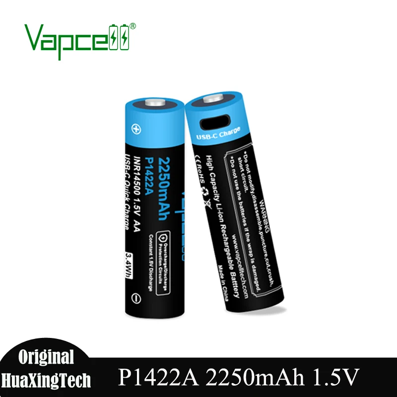 Original Vapcell INR14500 Rechargeable Lithium Battery P1422A 14500 2250mah 1.5V AA USB-C Port For Toy Home Digital Products