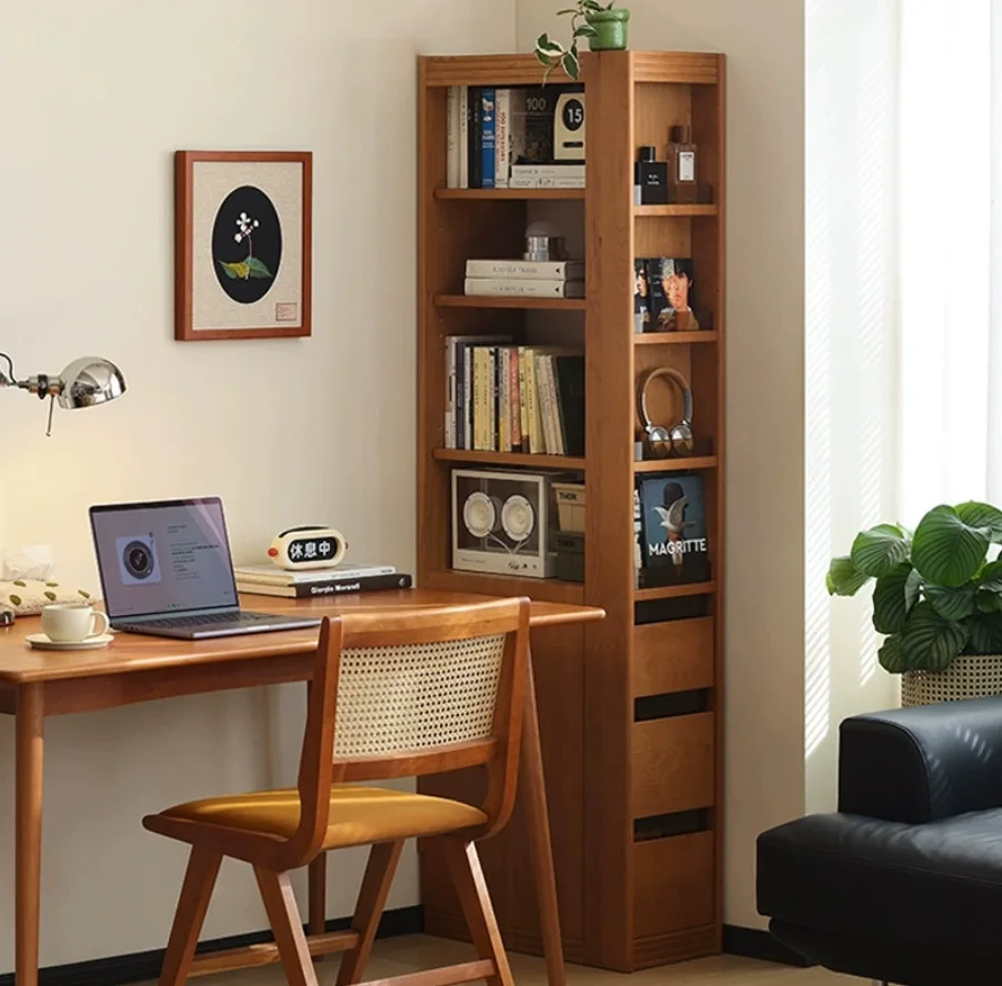Solid wood corner bookcase North American cherry wood all solid wood extremely narrow bookcase Small apartment shelf storage