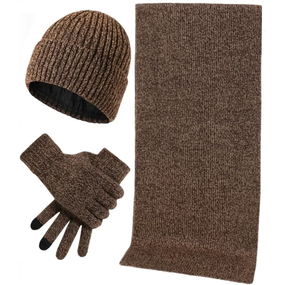 

Mens Winter Hat Scarf Glove set for Men 3 Pcs Touchscreen Anti Slip Gloves Knit Stretchy Beanie Hats and long Scarfs Set