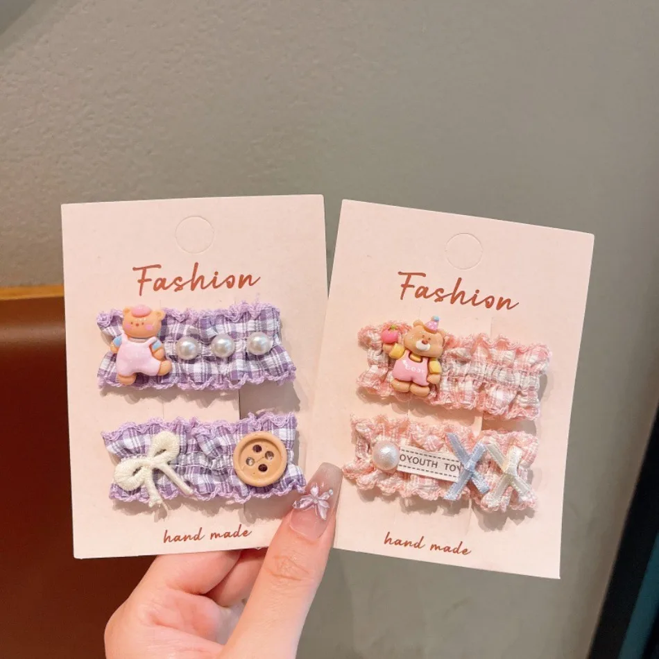 Korean Girls Lolita Lace Plaid Love Button Fabric Hairpin Cute Baby Kids Broken Hair Back of Head BB Clip Edge Clip Hairpin ZX07
