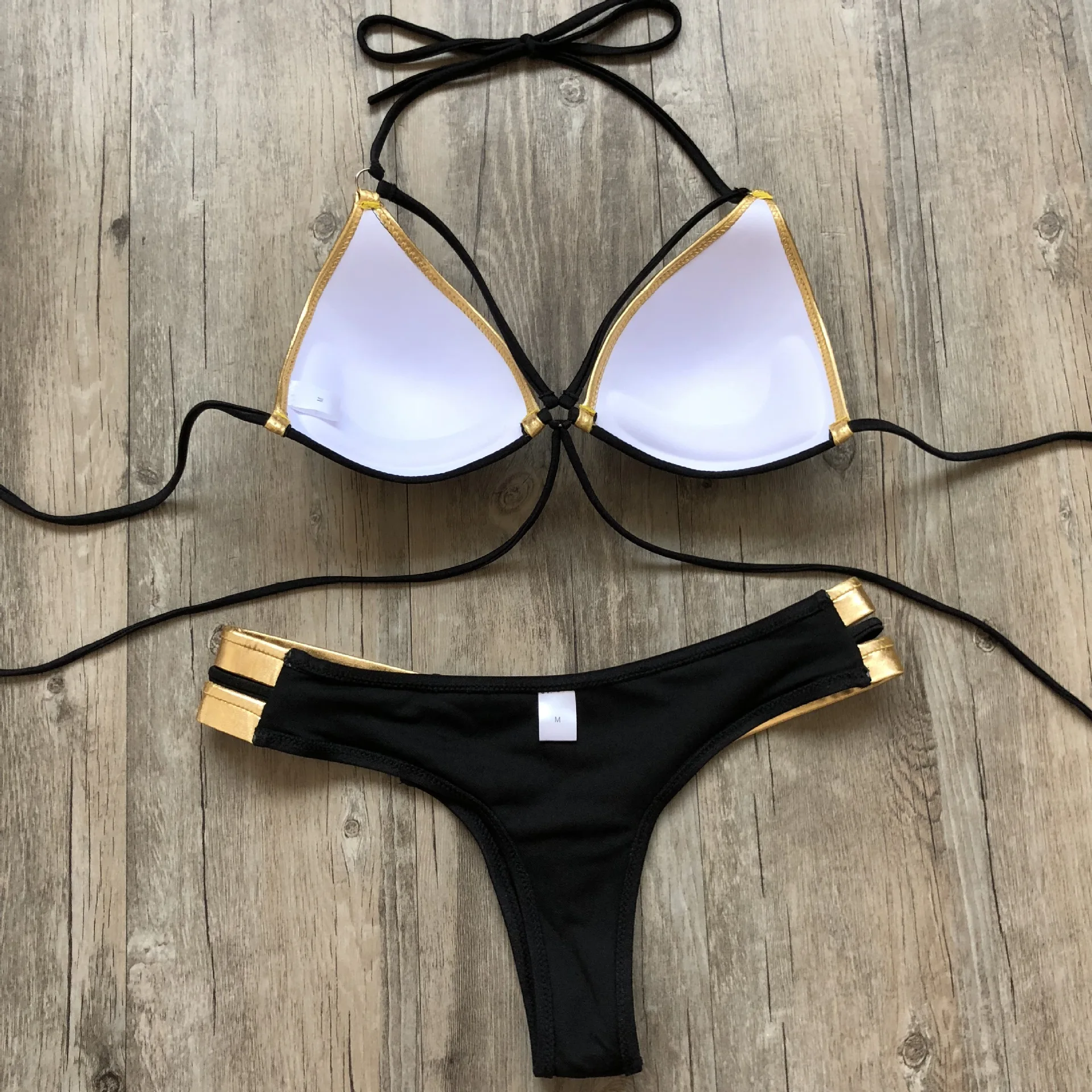 Conjunto de biquíni dourado feminino, maiô acolchoado sexy, roupa de banho push up, praia verão, maiô brasileiro, 2023