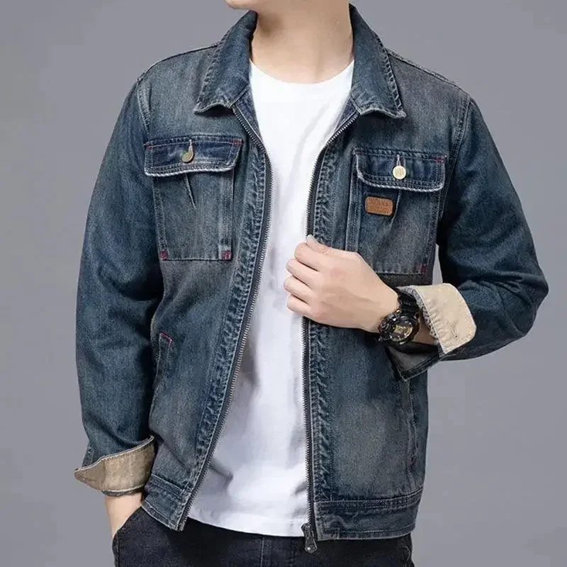 Jaket Denim pria Lxury Blue Jean Pria mantel Zip V kargo Elatic harga rendah trendi kain ukuran besar musim dingin pakaian luar L desainer