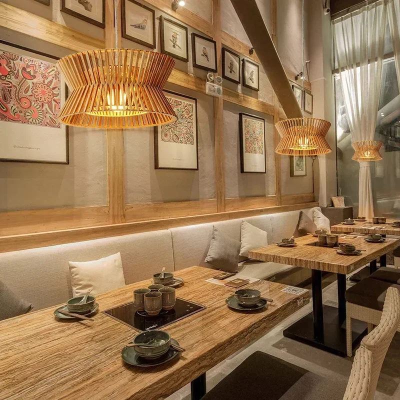 Japanese style creative restaurant wooden Nordic dining table bar counter solid wood birdcage pendant light