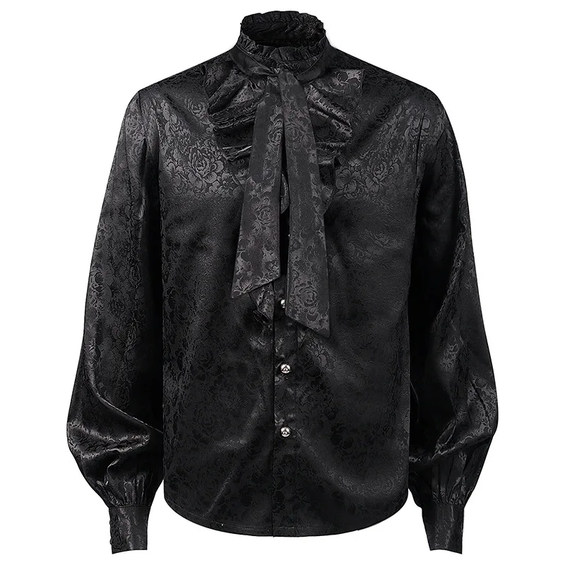 Mens Black Print Ruffled Shirts Pirate Shirt Vampire Renaissance Victorian Steampunk Gothic Medieval Halloween Costume Clothing