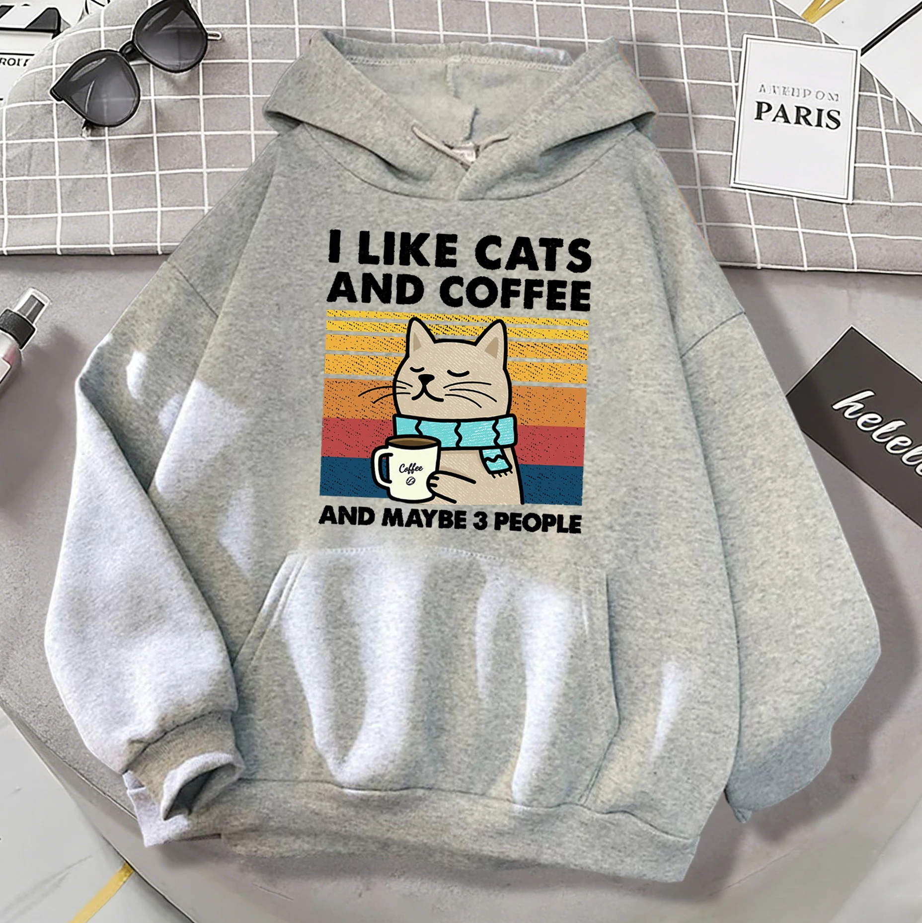 

Толстовки с кофейным принтом «I Like Cats», мужские мягкие базовые винтажные повседневные флисовые пуловеры с длинными рукавами, модная свободная одежда унисекс