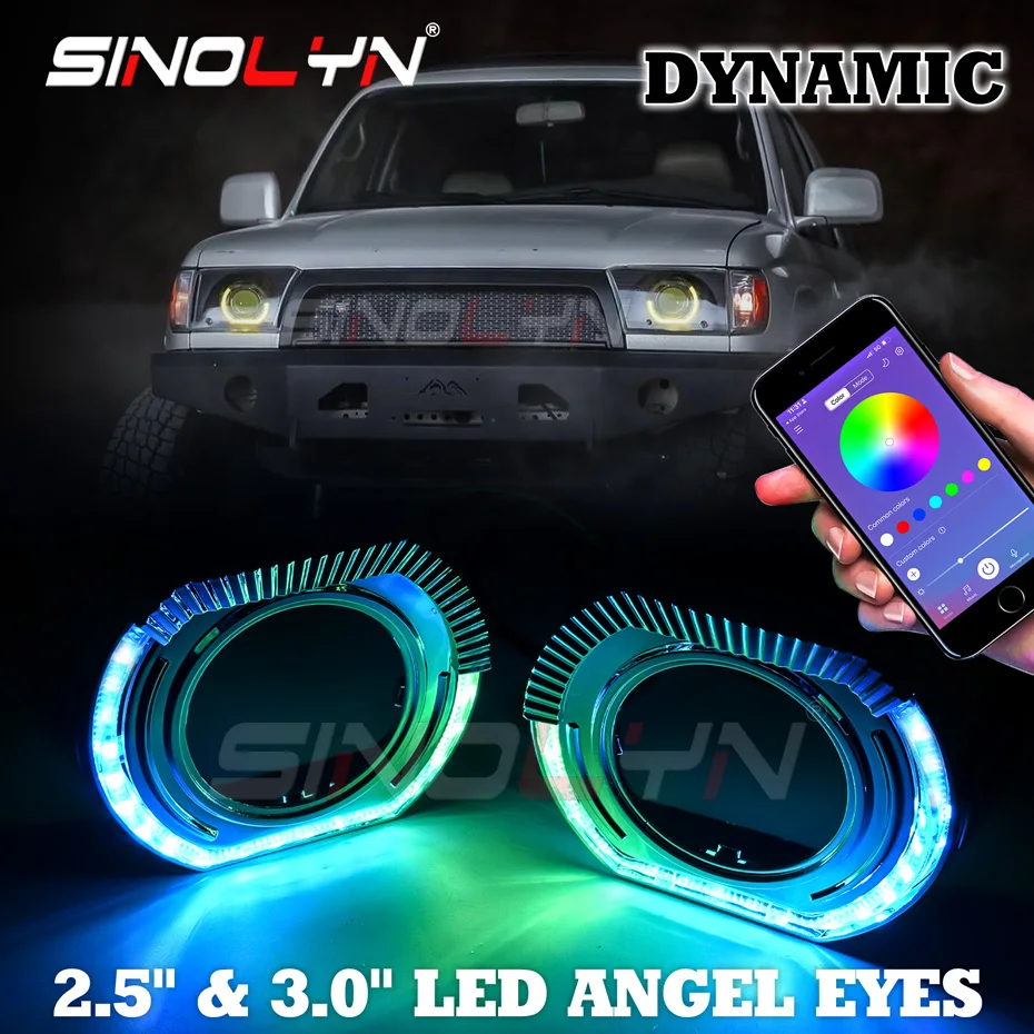 Sinolyn 2.5/3.0 Polegada RGB LED Angel Eyes Mangalhas Para Xenon LED Lente Do Projetor Girando Sinal De Volta Dinâmico Fluindo Halo Bezels angel