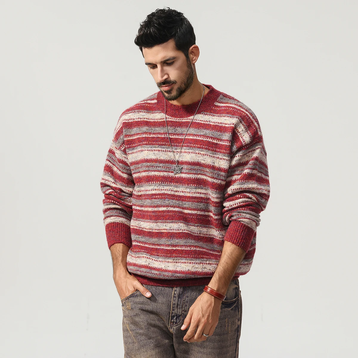 

American Vintage Striped Knit Sweater Men's Loose Lazy Style Pullover 2025 Autumn Winter Plus Size 4XL Trendy Handsome