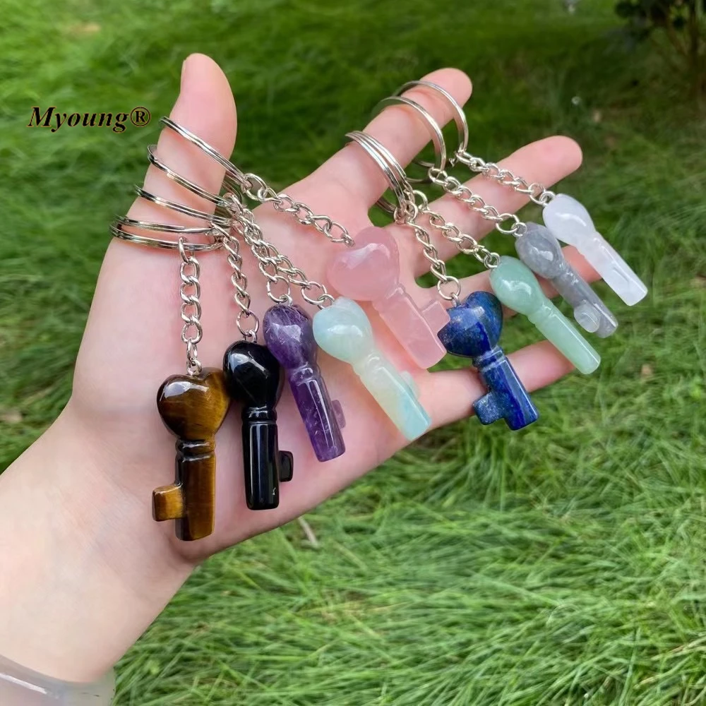 

Heart Key Shape Natural Crystal Gems Stone Keychains Amethysts Rose Quartzs Key Rings MY220851
