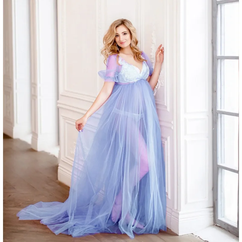 

Stylish European & American Mesh Maternity Photo Long Dress - Eye-Catching Mid-Length Drawstring Floor-Length Gown 1204