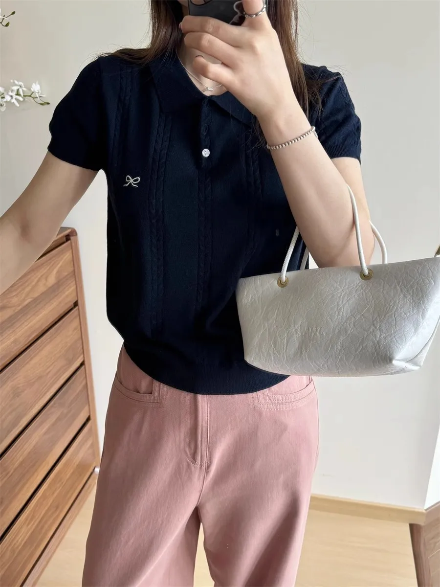AOSSVIAO 2026 Sommer Neue Koreanische Mode Slim Polo-Shirt Gestricktes Kurzarm-T-Shirt Süße Schleife Bestickte Gestrickte Damen-Oberteile – Detail 12