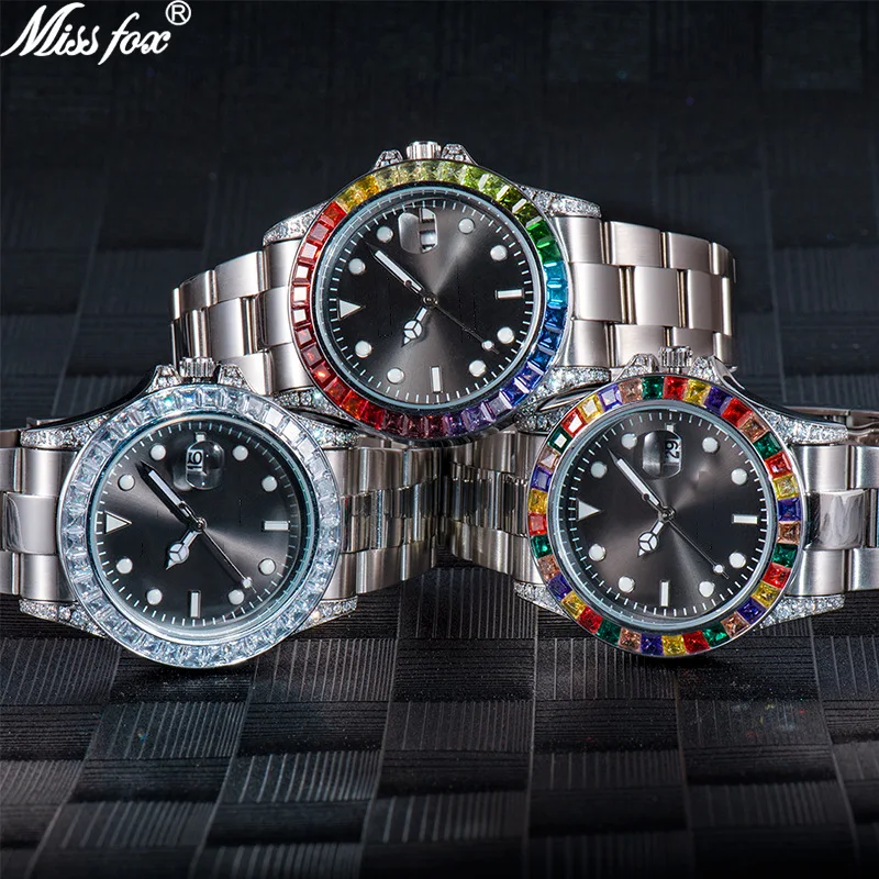 Official brand free shippingFashion High-End Rhinestone-Encrusted Colorful Crystals Stainless Steel LuminousMen's Watch