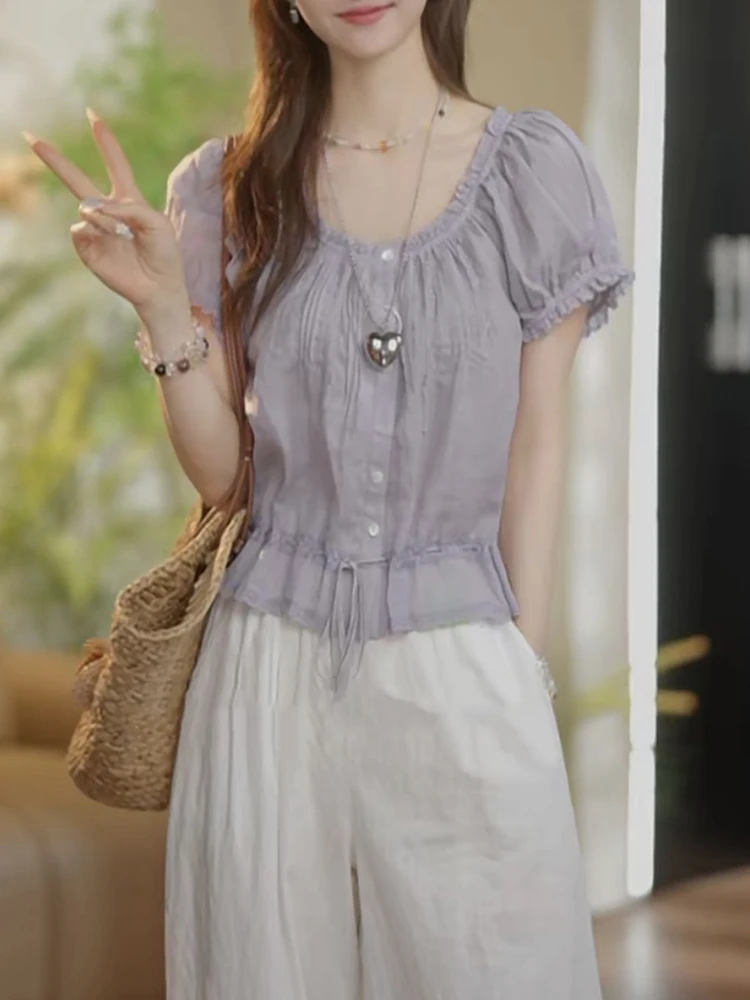 

French Sweet Soft Sle Bubble Sve irt Women's Summer New Faion Loose round Ne ort Top Ele Casual White irt