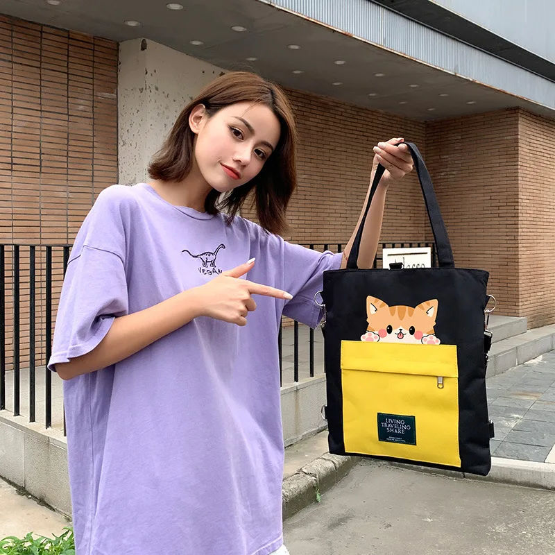 Холщовые сумки через плечо 3 в 1 с мультяшным принтом, вместительные сумки на плечо для женщин, школьный ранец для девочек и студентов, сумка-тоут для покупок