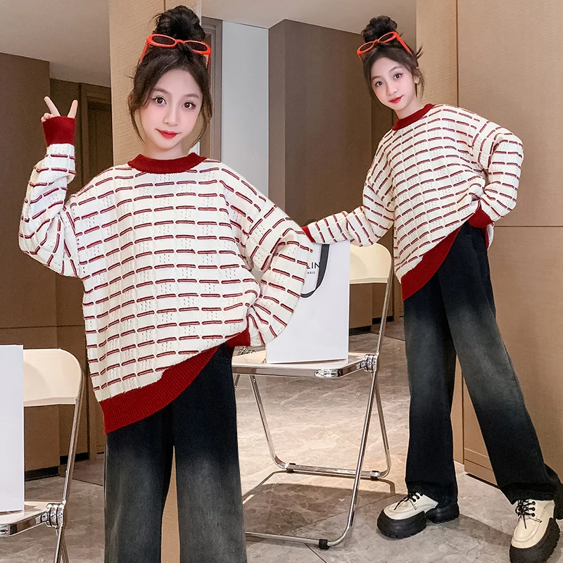 Brief Style School Girl Fashion Red Striped Sweater Children Fashion Knitwear Korean Kids Spring Autumn Knit Clothing Outfit