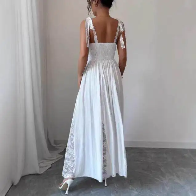 

Retro Lace Splicing Women's Long Vest Dr Slimming Fibone Waist Cinched Summer Faionable Ele White Dr