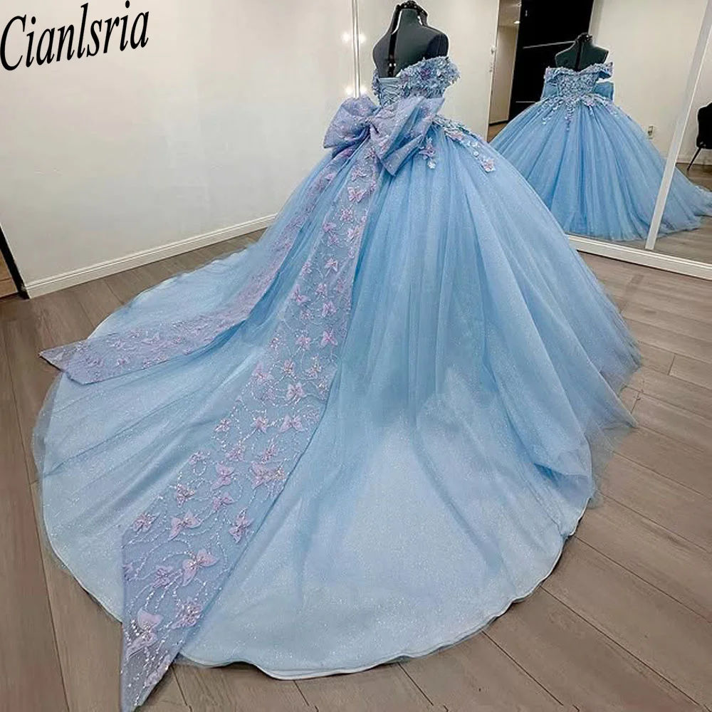 

Sky Blue Quinceanera Dresses Off Shoulder Princess Sweet 15 16 Years Old Birthday Prom Party Gowns customized