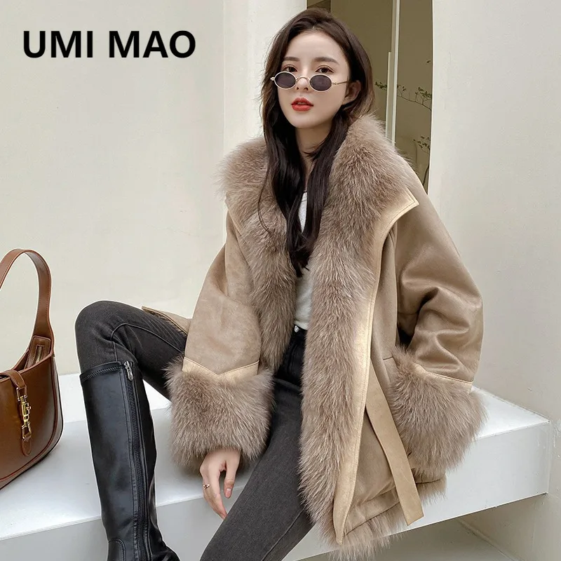 UMI MAO الجلد المدبوغ المرقعة الثعلب الفراء مبطن معطف للنساء منتصف طول نمط جديد جلد الغنم قطعة واحدة معطف المرأة فام