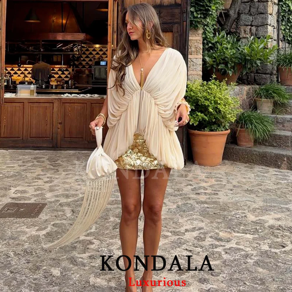 KONDALA Elegant Sweet Trendy Women Top Asymmetrical V-Neck Folds Half Sleeve Slim Top Fashion 2026 Autumn Night Out Y2K Girl Top