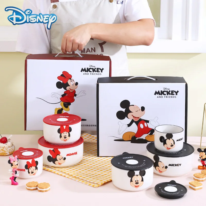 2024 New Disney Anime Mickey Mouse Minnie Mouse Cartoon Tableware Ceramic Bowl With Lid Microwave Oven Soup Bowl 3pcs Gift Box