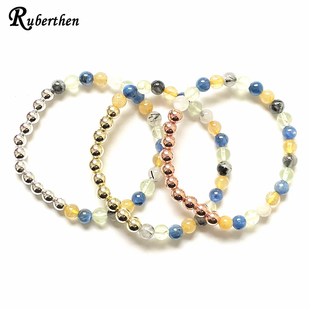 Ruberthen New Design 6 MM Blue Kyanite Prehnite Black Rutile Quartz Yellow Crystal Bracelet Womens Cooper Beads Yoga Wrist Mala