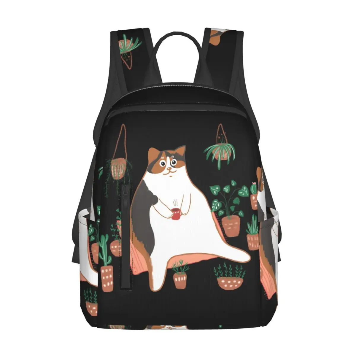 カリコ猫と鉢植えの植物の絵柄-ママのための猫柄バックパック-デイパック-大容量-子供用ブックバッグ-スクールバッグ-ショルダーバッグ-男女兼用