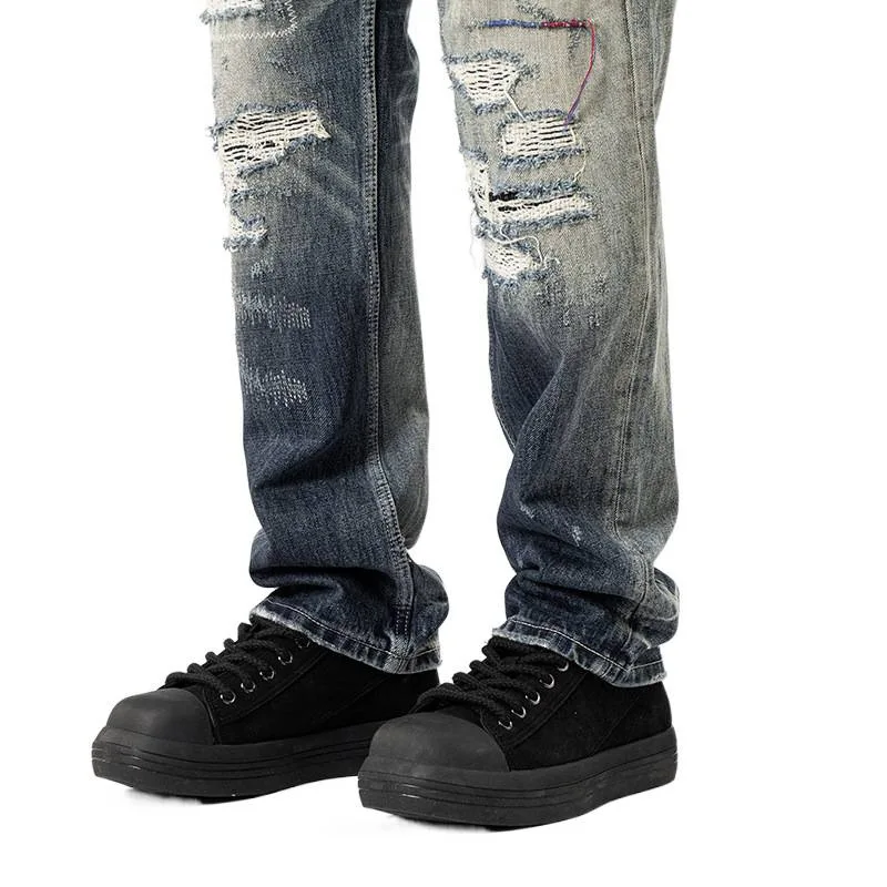 عصرية الراقية الجينز الثقيل الوزن الحنين الرجال الشارع الاتجاه الرجعية التدرج الأزرق ممزق السراويل فضفاضة