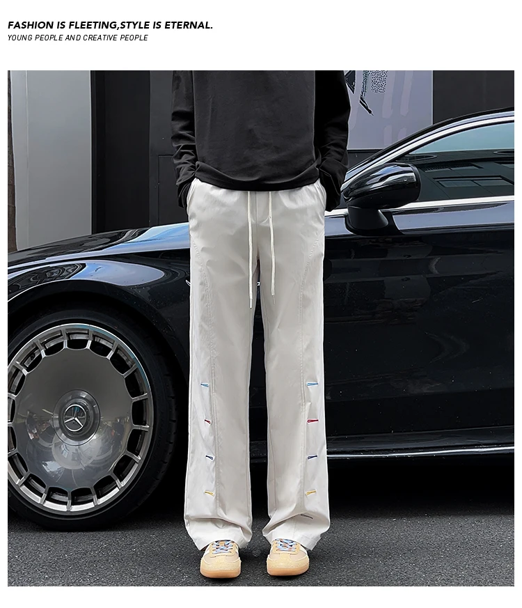 Bunte Herrenhose mit Ziernähten, weitem Bein, elastischem Bund, Kordelzug, lockerer, gerader Schnitt, lässige Streetwear-Sport-Hose – Detail 27
