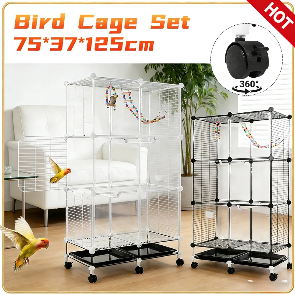 

Rolling Stand Metal Parrot Cage 6 Universal Wheels with Brake 360° Full Ventilation Big Flight Bird House with Swing Ladder for
