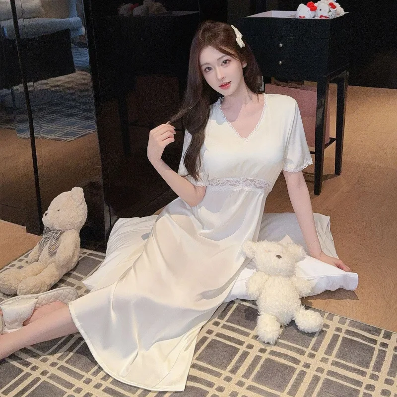 

Women Lace Patchwork Sleepwear Casual Satin Nightdress Home Dress V-Neck Nightgown Sexy Sleep Dress Summer Long White Nightwear