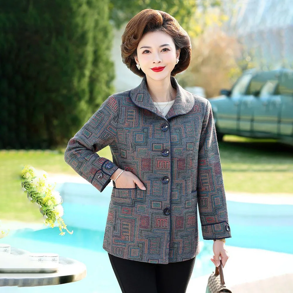 Mom's High-end Woolen Coat In Spring And Autumn 2024 New Middle-aged And Elderly Women's Long-sleeved Printed Woolen Coat Tide.