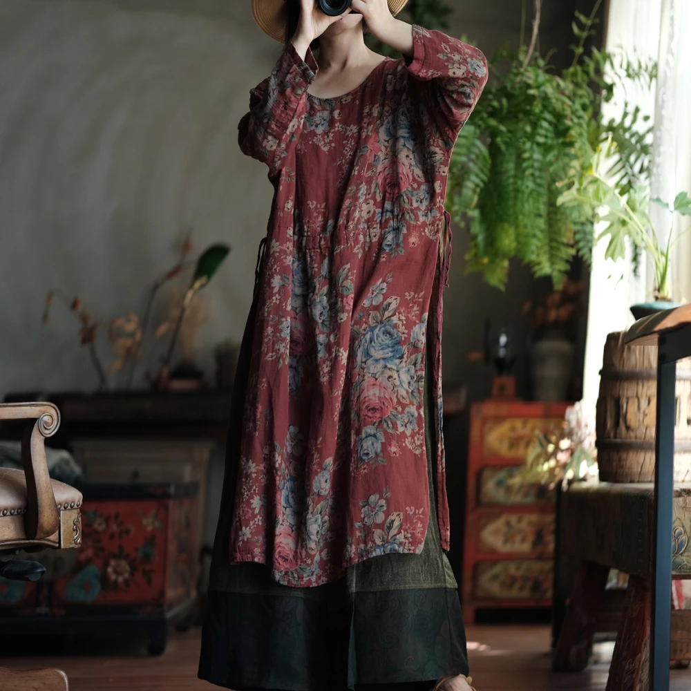 Женское повседневное хлопковое платье, Новое поступление, весна 2024, винтажный стиль, свободные удобные женские длинные платья с круглым вырезом и цветочным принтом M1080