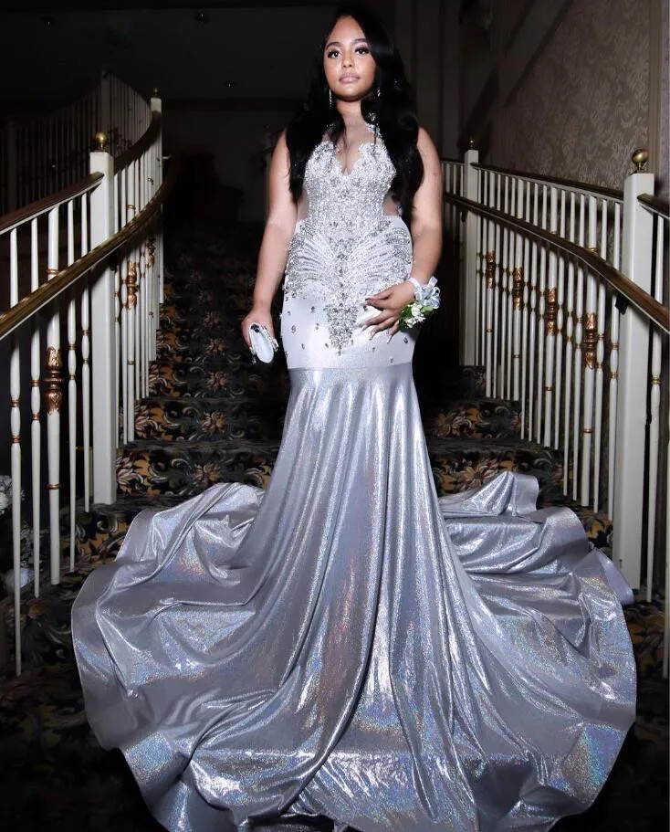 Silver Ivy Diamond Mermaid Evening Formal Dresses for Black Girl Sparkly customsized Gillter Birthday Gala Prom Gown Robes
