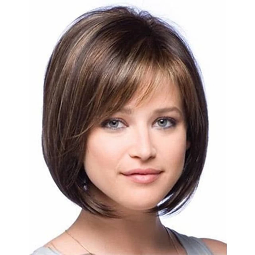 Brown Short Wigs for Women Synthetic Wig Straight Bob with Bangs Wig Short Brown Synthetic Hair Women's Highlighted / party wigs