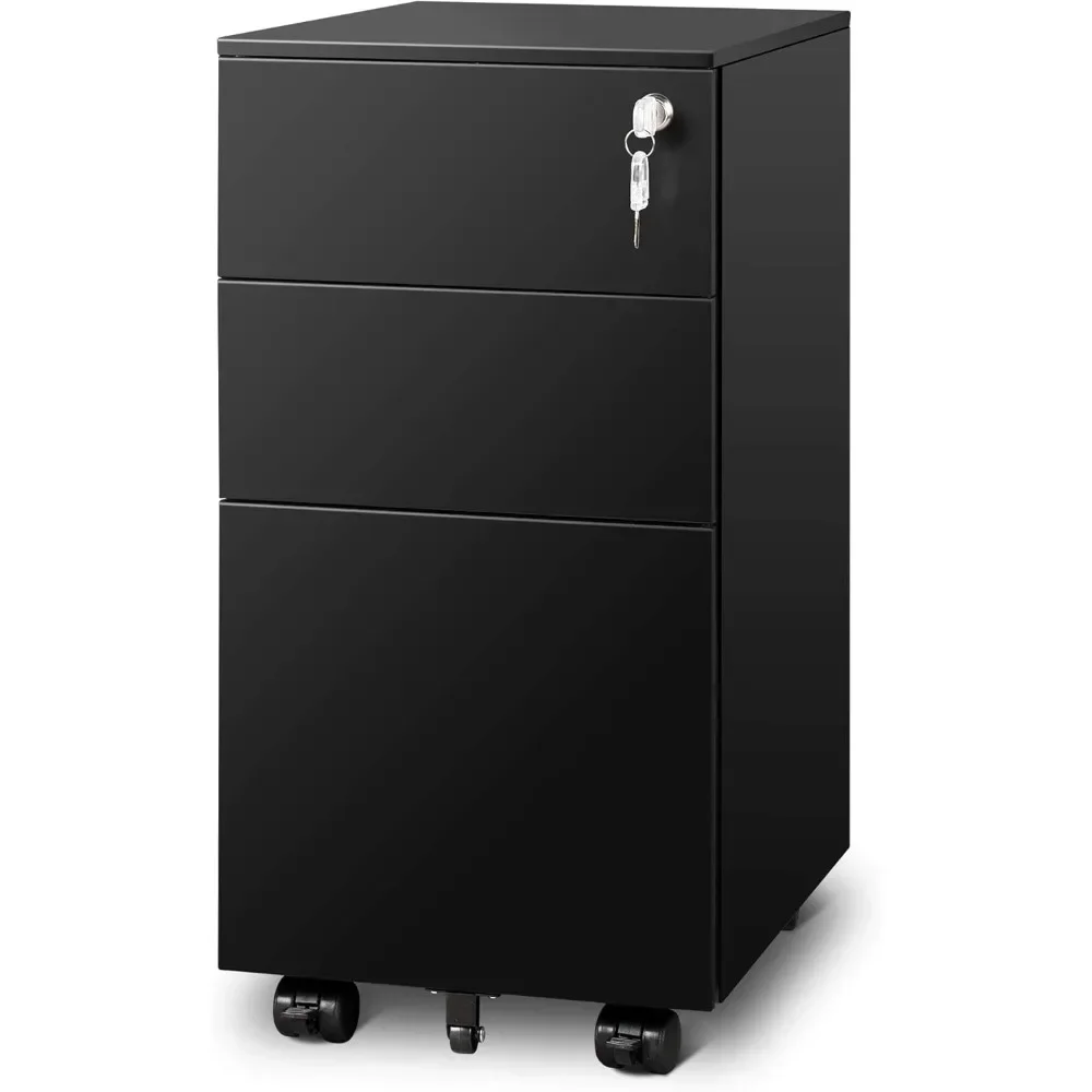 

3-drawer Lockable Filing Cabinet, Metal Rolling Filing Cabinet for Home Office, Thin 11.8-inch Small Desk Cabinet, Black