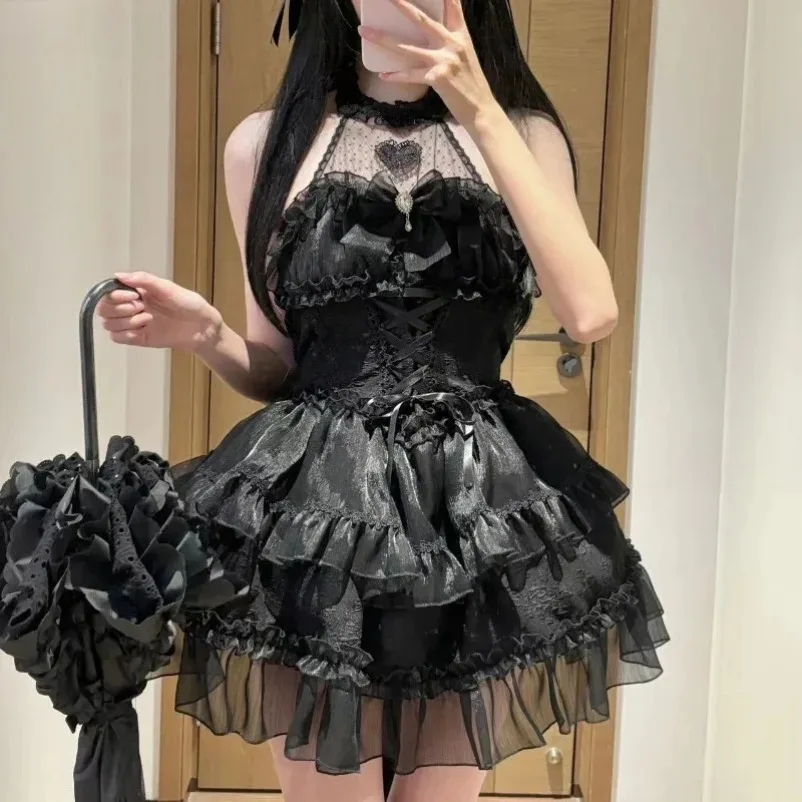 جديد اليابانية القوطية لوليتا الأميرة النساء Kawaii الدانتيل الكشكشة القوس ضمادة سليم حفلة 2025 الفتيات Y2k أنيقة لطيف فستان قصير