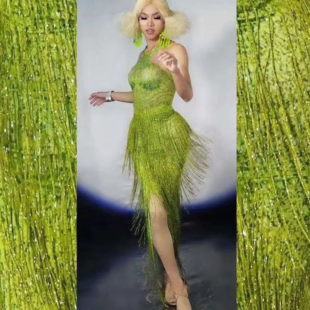 Sparkly Green Rhinestones Sexy Birthday Party Tassel Dress Performance Dance Costume Stage Photoshoot Wear