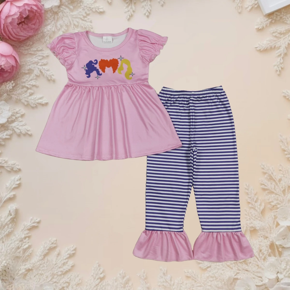 

Toddler Baby Girl Halloween Clothes Kids Fall Sets Princess Hair Print Infant Pink Short Sleeve Tunic Stripe Ruffle Pants Outfit