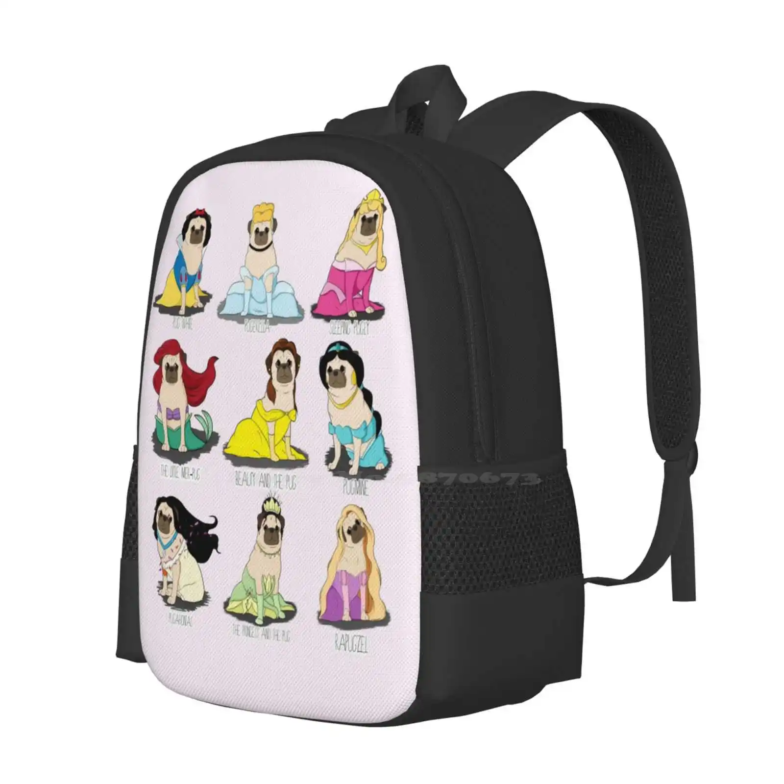 Pug Princesses School Bag Big Capacity Backpack Laptop Pug Princess Pug Parody Cute Princess Snow White Sleeping Beauty Ariel