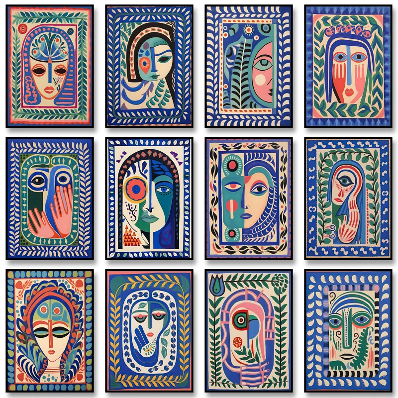 1pc frameless Canvas Painting Modern Abstract Poster Folk Face Illustration Print Canvas Painting Wall Art Picture for Living Ro