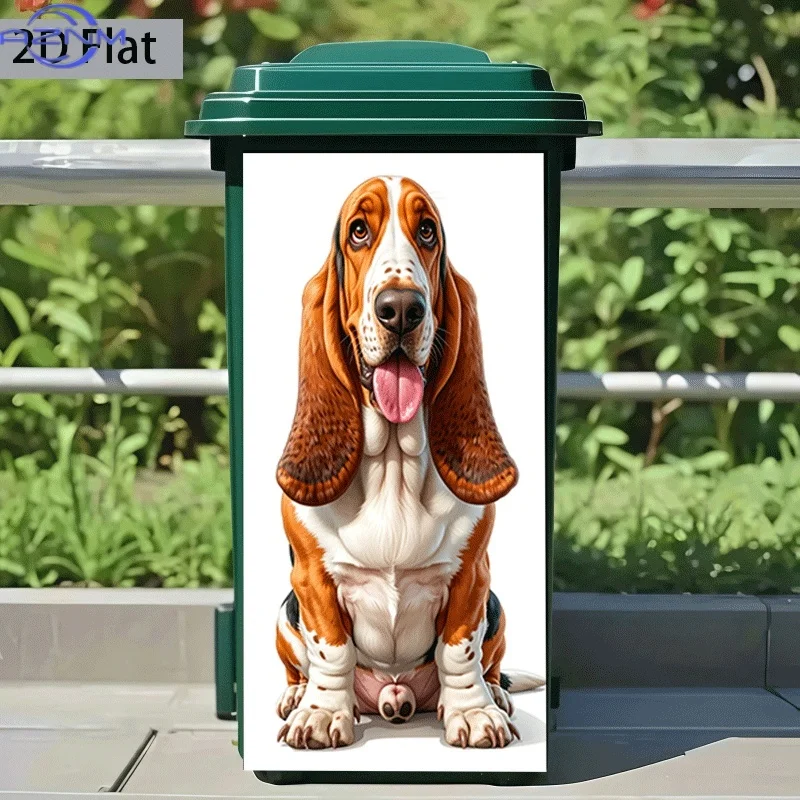 of Trash Can Sticker in a Cute Basset Hound Theme, Measuring 37×82 Cm. This Self-Adhesive Wall Decoration Is Suitable for Tras
