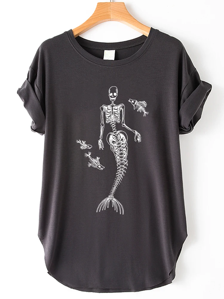 Seeyoushy Mermaid Skull Print Vintage Women T Shirt Side Slit Summer Funny 90s T Shirt Drop Shoulder Short Sleeve T Shirts Tops