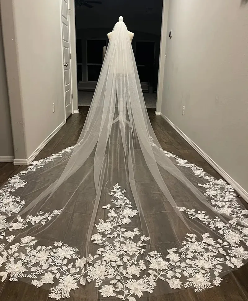 Gorgeous Lace with Pearls & 3D Flowers One Layer Cathedral Length Wedding Veil for Bride image 2