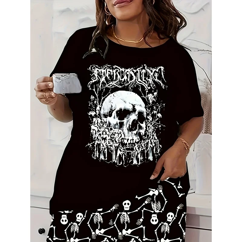 Plus Size Women Death Metal Skull Graphic T‑Shirt Crew Neck Short Sleeve Gothic Punk Rock Casual Tee Tops