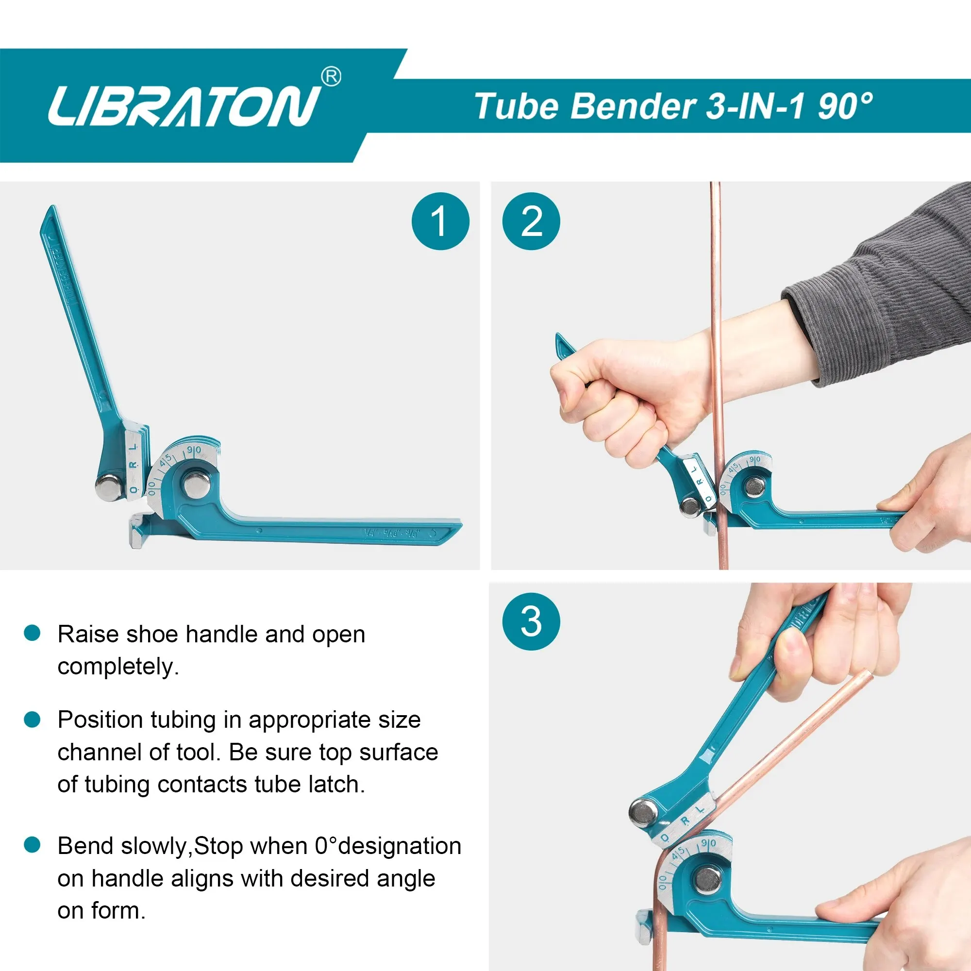 LIBRATON 미니 핸드 수동 튜빙 벤더, 구리 알루미늄 및 황동 파이프용, 90 도 3-in-1, 1/4 인치 (6mm) 5/16 인치 (8mm) 3/8 인치 (10mm)