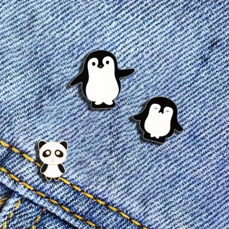 Black Animals Lapel Enamel Pins Denim Shirts Jackets Backpack Badge Jewelry For Kids Girl Lovely Penguin Pines Cartoon White