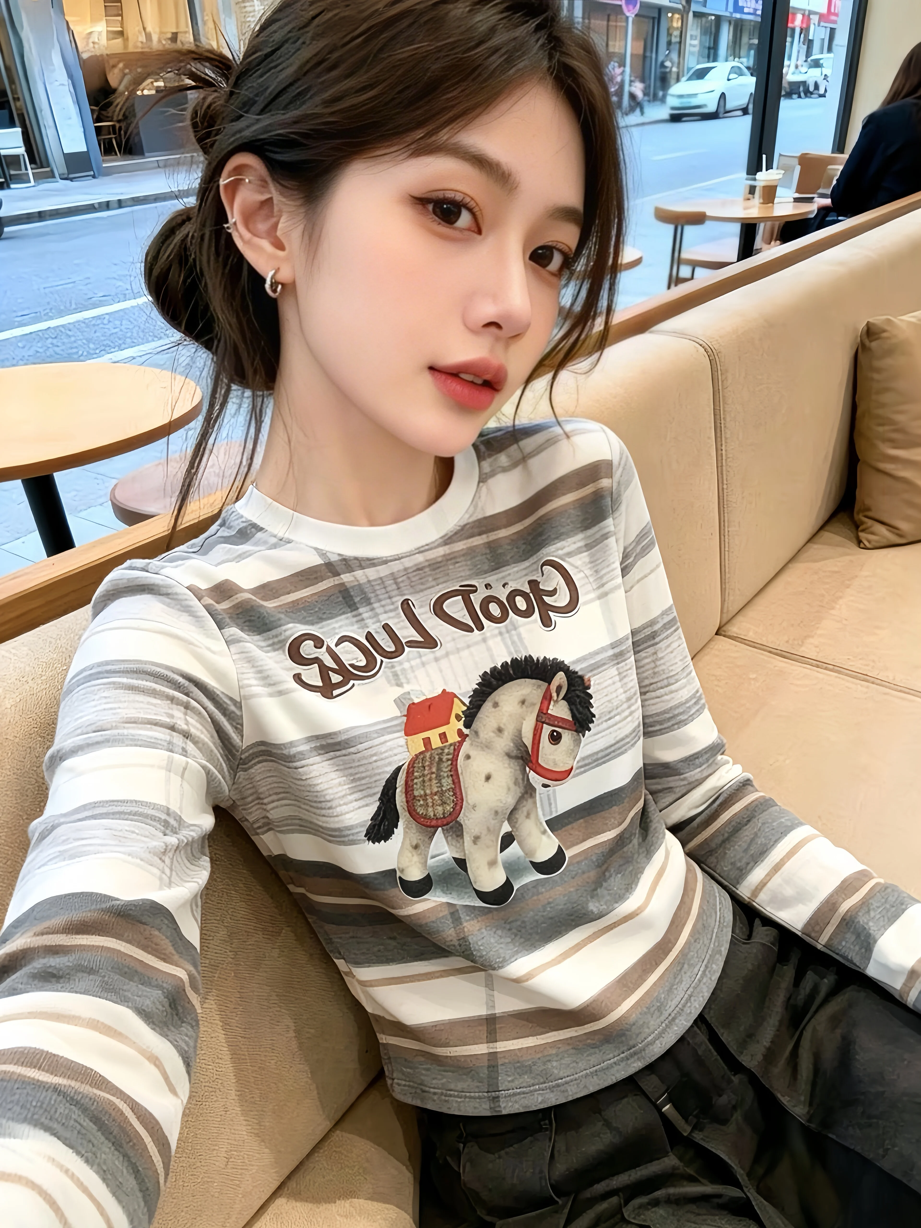 

Unique Stripe Print Long Sleeve Mesh T-Shirt Women's Summer New Style Self-kept Unique Anti-aging Sunshade Shirt