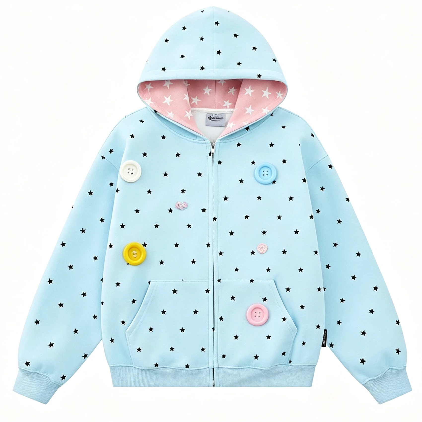 Sweet Campus Preppy Cute Kawaii All‑Over Star Print Zip‑Up Hoodie Jacket Colorful Buttons Star‑Pattern Inner Pocket Y2K Harajuku